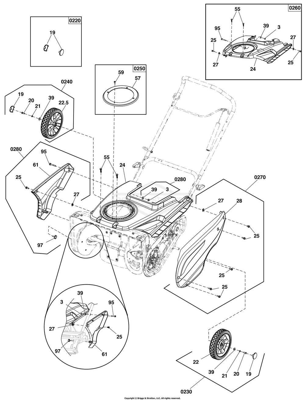 Wheel And Body Covering Group Diagram and Parts List for 1696851-02  Briggs and Stratton Snow Blower